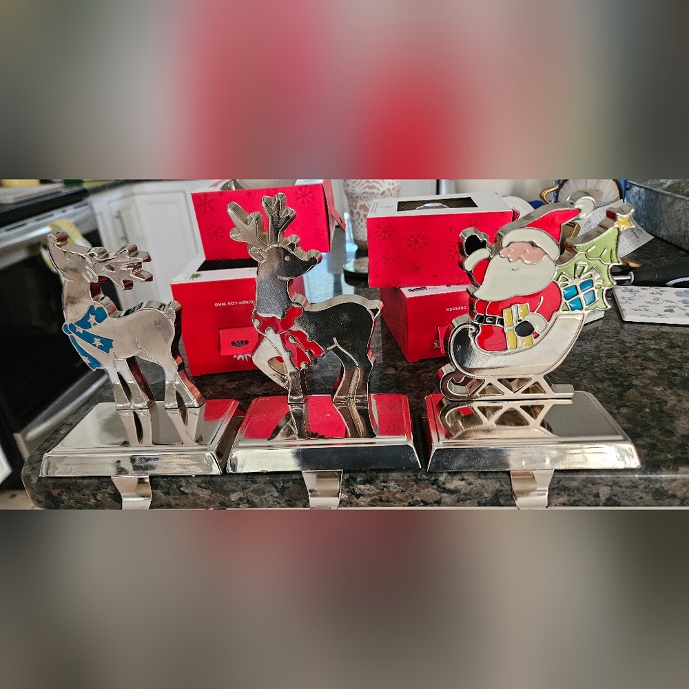 Silver Reindeer and Santa Stocking Holders